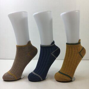 Womens Ankle Socks Set 3 Solid Ribbed Texture Brown Blue Mustard Yellow